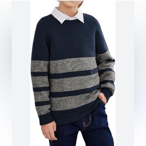 Boys Long Sleeve Striped Knit Crewneck‎ Pullover Sweater Navy Blue Small Medium